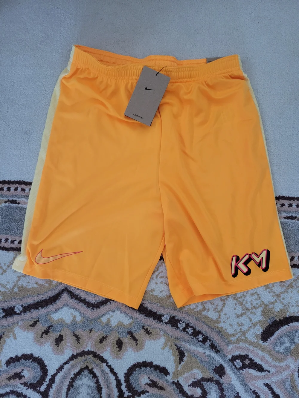 Nike Kylian Mbappe Kids NWT Orange Athletic Shorts with Pale Yellow Side Panels